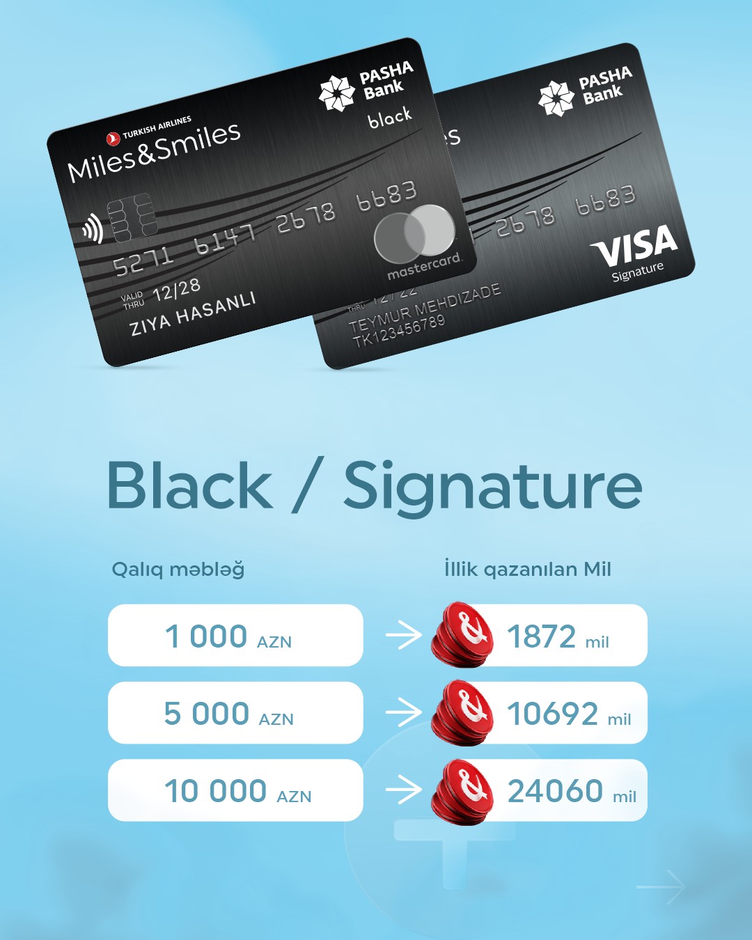 PAŞA Bank “Miles&Smiles PAŞA Bank” kart sahibləri üçün yeni “Overnight Mile” (hesab qalığına görə mil qazancı) funksionallığı - Black / Signature